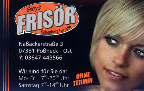 Gerry's Frisör, Naßäcker Str. 3, 07381 Pößneck, Tel.: 03647-449566